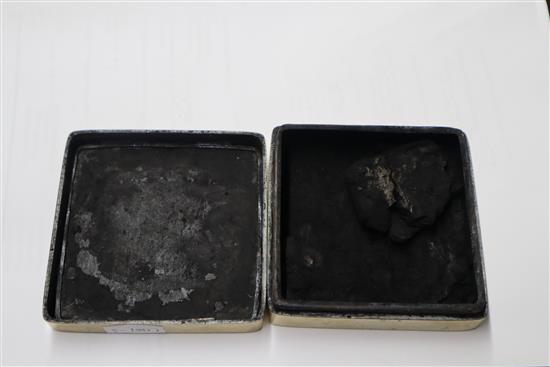 A Chinese paktong inscribed inkbox and paste jewellery